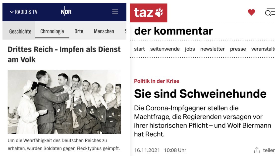 Ist Euch mal aufgefallen, dass

- die, die sich seit Jahrzehnten als Antifaschisten inszenieren und hinter jedem Baum Nazis wittern und

- die, die ihre Mitmenschen mit Nazimethoden zu Versuchskarnickeln für die Pharmamafia machen wollten

im Wesentlichen dieselben sind?