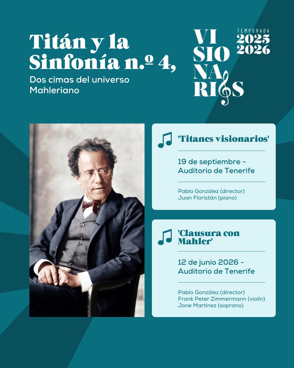 🎵🙌 Mahler en estado puro: fuerza, belleza y visión en dos obras esenciales de nuestra temporada

🎻 La primera y cuarta sinfonía del compositor son dos de las obras que serán interpretadas sobre nuestros escenarios en la temporada ‘Visionari@s’. 

sinfonicadetenerife.es/concierto/a2-t…