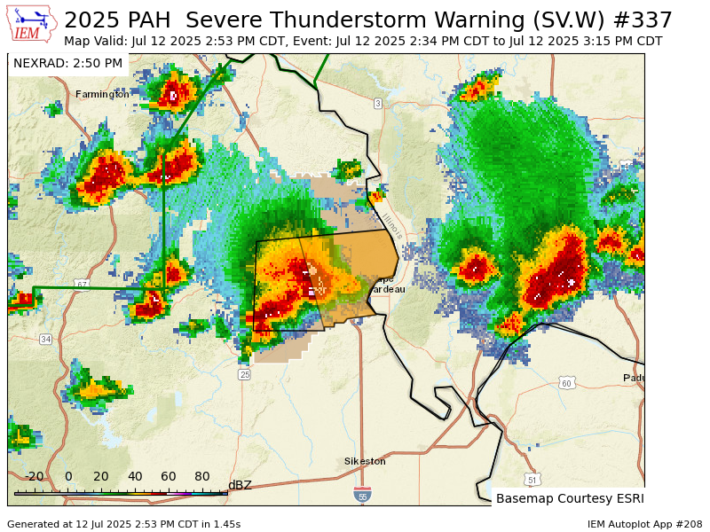 PAH continues Severe Thunderstorm Warning [wind: 60 MPH (RADAR INDICATED), hail: &lt;.75 IN (RADAR INDICATED)] for Cape Girardeau [MO] till 3:15 PM CDT mesonet.agron.iastate.edu/vtec/f/2025-O-…