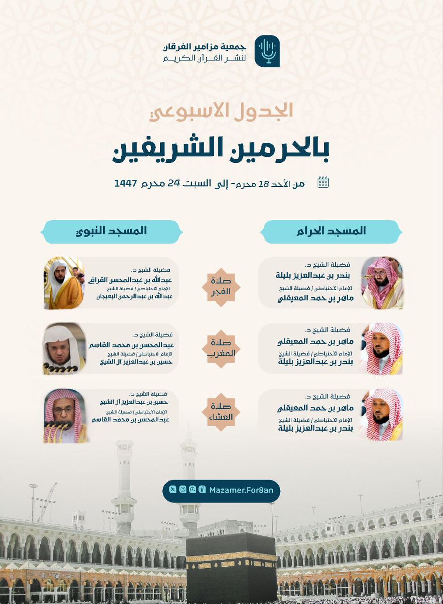 tilawatalshmsan's tweet image. 🗓 الجدول الأسبوعي لأئمة #المسجد_الحرام و #المسجد_النبوي
من يوم الأحد ١٨ محرم ١٤٤٧ هـ
إلى يوم السبت ٢٤ محرم ١٤٤٧ هـ
#جمعية_مزامير_الفرقان_لنشر_القرآن