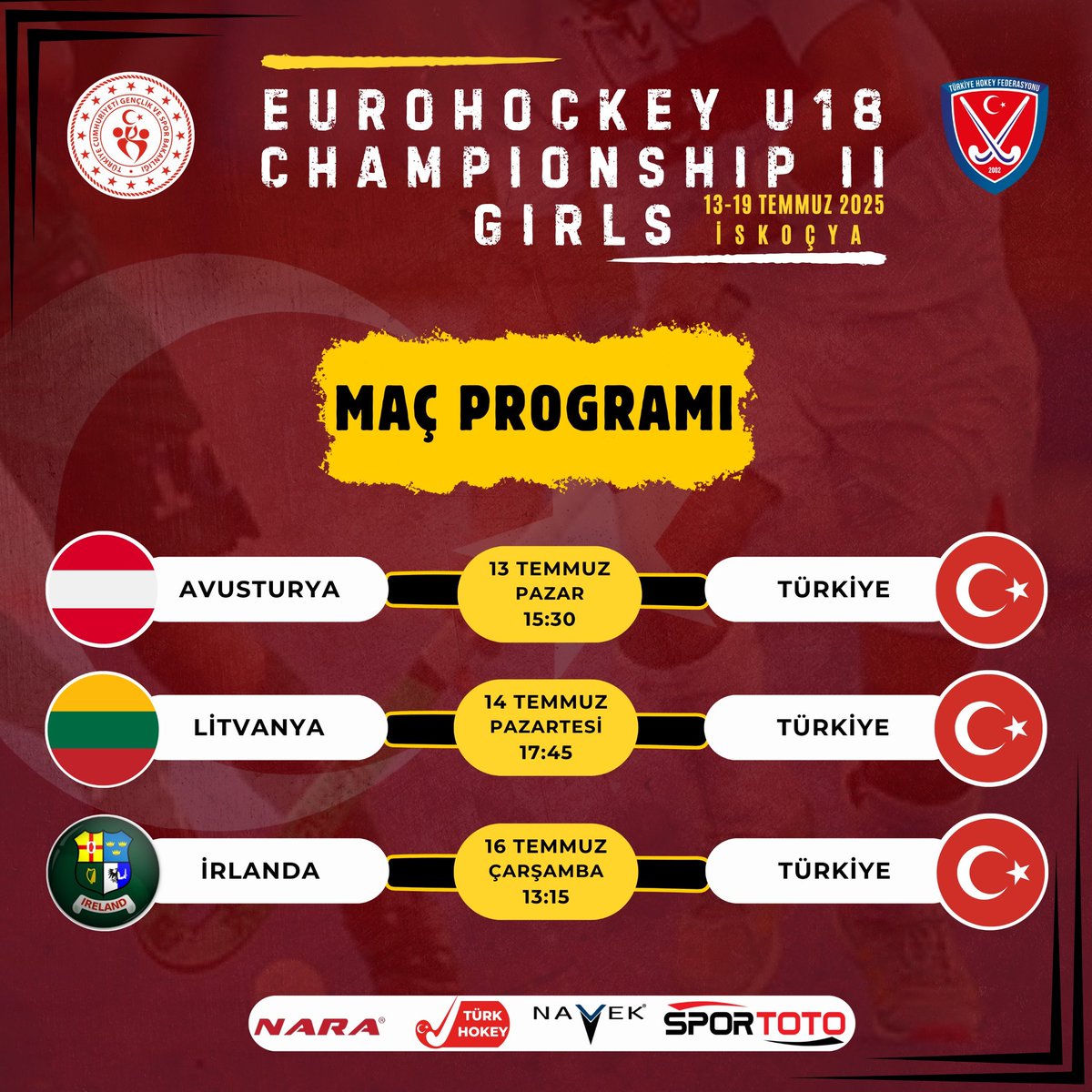 İskoçya'da 13-19 Temmuz tarihinde gerçekleşecek olan EuroHockey U18 Kızlar Avrupa Şampiyonası'nda mücadele edecek olan U18 Kızlar Milli Takımımızın maç programı;