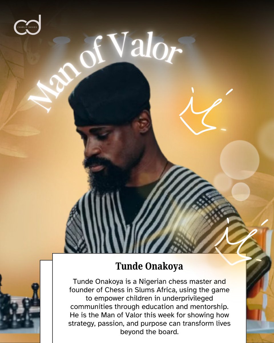 charliedavidsng's tweet photo. MAN OF VALOR: Meet Tunde Onakoya, the chess master putting Nigeria on the world map, one move at a time. 

Today we celebrate your tenacity as our very first Man of Valor!

Well done @Tunde_OD!

#MenOfValor #CharlieDavids https://t.co/IYxZSjLAUZ