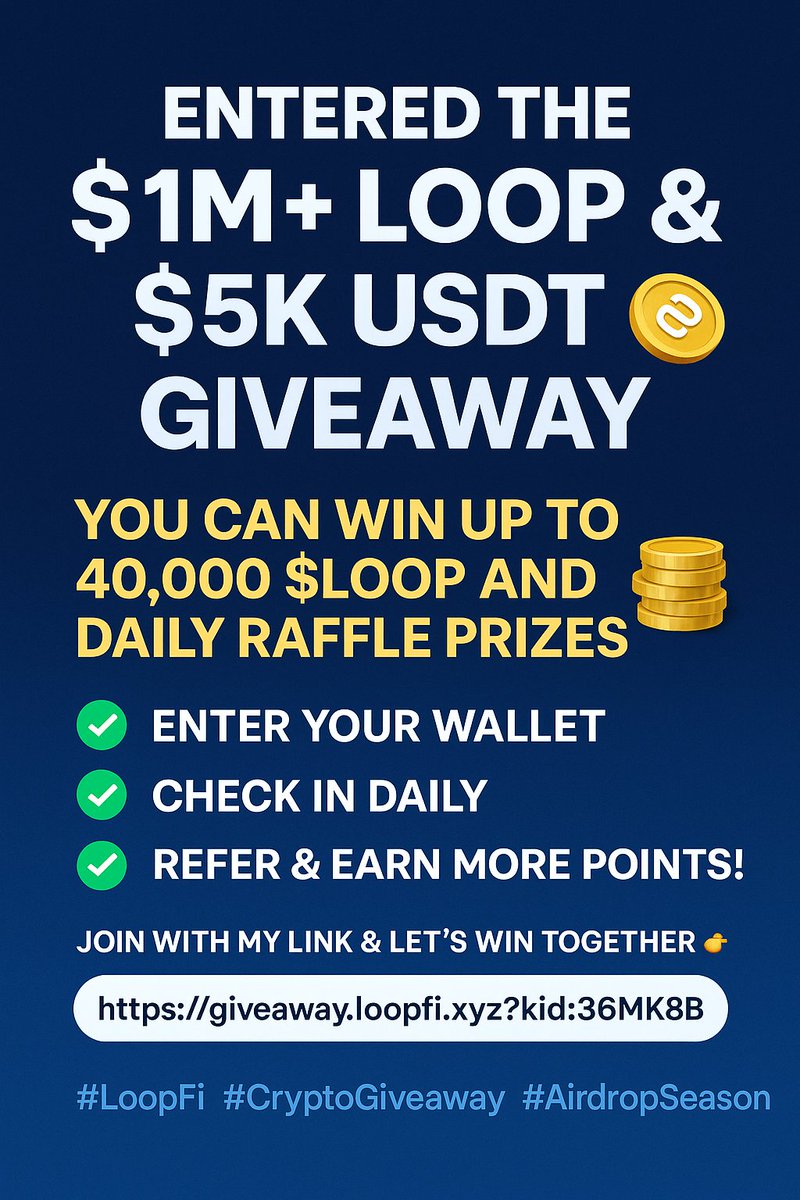 alashe4019's tweet photo. 🚨 Just entered the $1M+ LOOP & $5K USDT Giveaway by @loopfixyz and it’s 🔥!
You can win up to 40,000 $LOOP and daily raffle prizes 🤑
✅ Enter your wallet
✅ Check in daily
✅ Refer & earn more points!
Join with my link & let's win together 👉 https://t.co/SccwLsgErL
#LoopFi https://t.co/jIIE4gBvC8