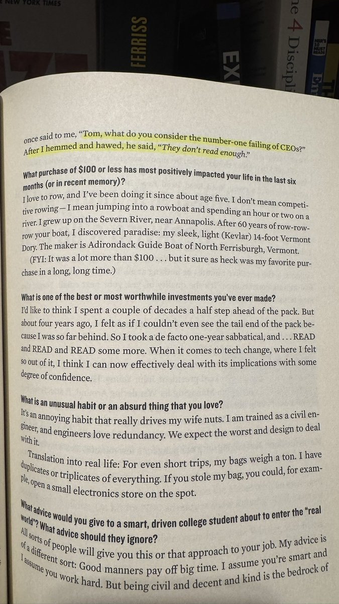 سُئل Tom Peters من  احد اعظم المستثمرين عن السبب الاول لاخفاق الكثير من الرؤساء التنفيذيين.

فأجاب Tom: انهم لا يقرأون.

من كتاب Tribe of Mentors