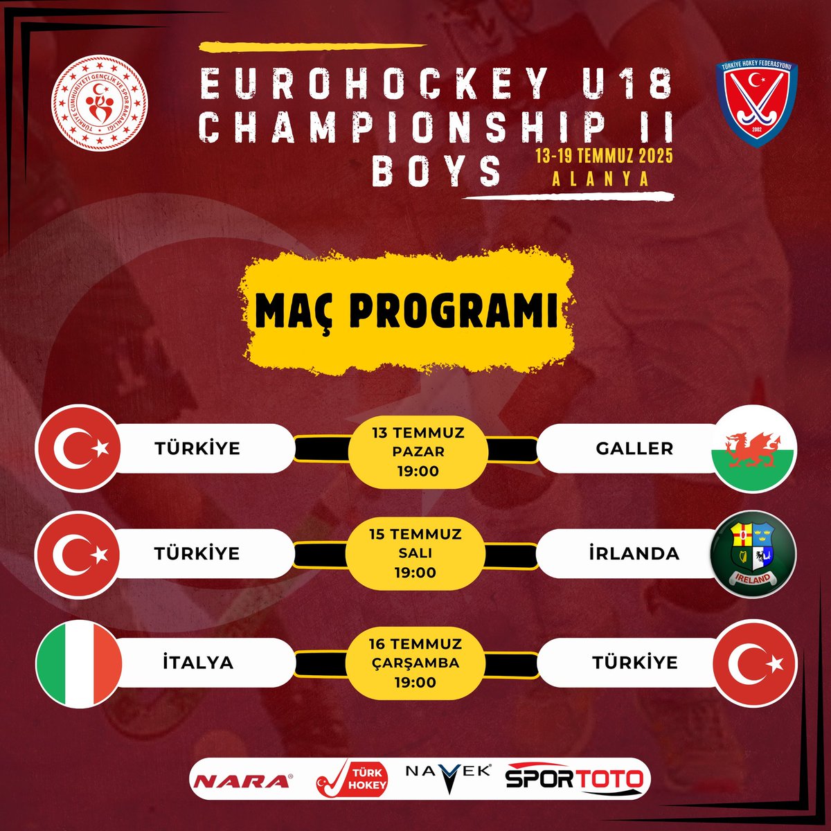 13-19 Temmuz tarihinde ev sahipliği yapacağımız ve Alanya'da gerçekleşecek olan EuroHockey U18 Erkekler Avrupa Şampiyonası'nda mücadele edecek olan U18 Erkekler Milli Takımımızın maç programı;