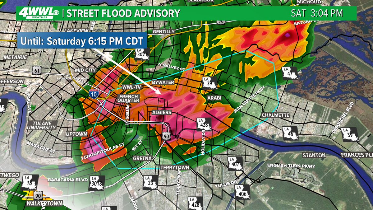 wwltvweather's tweet image. A Street Flood Advisory has been issued for parts of Orleans, Jefferson, St. Bernard until 7/12 6:15PM. Street flooding is possible in these areas. Don't drive through flooded roads. #BeOn4
