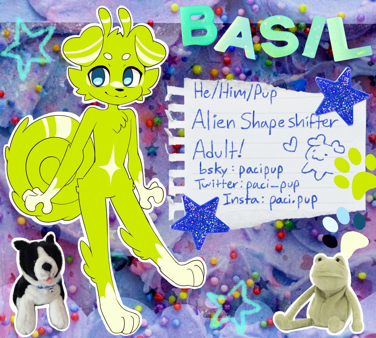 Paci_Pup's tweet image. Hi my name is Basil! ⭐🐸🛸
I'm a shapeshifter alien puppy that likes to draw silly stuff, mostly with crayons! 🖍️🐶👽
