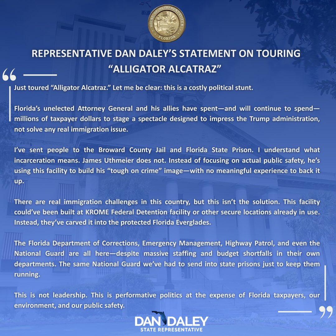 RepDanDaley's tweet image. My statement on touring “Alligator Alcatraz”: