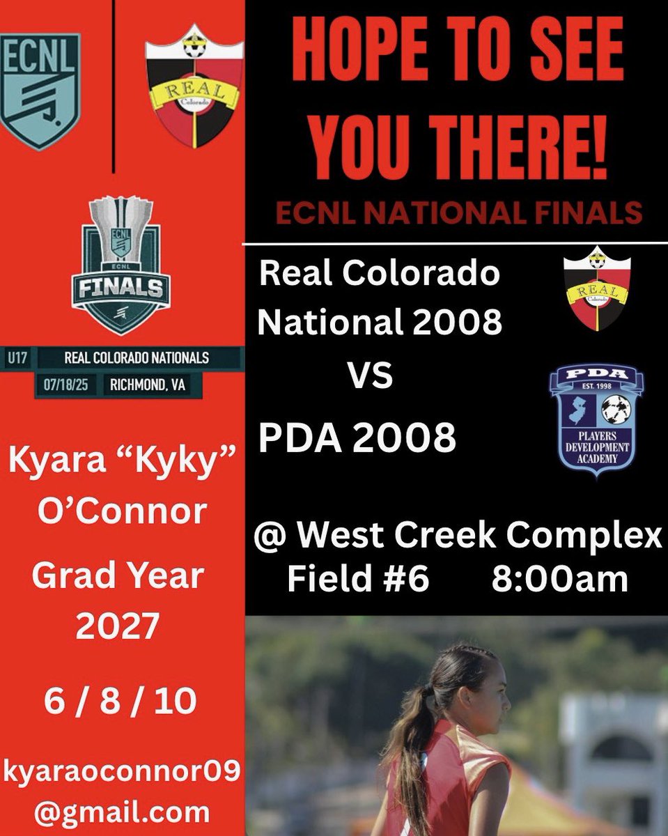 KyaraOconnor's tweet photo. See you in Richmond!! So grateful to be joining the 08’s to compete for a national championship #rollreal
@PrepSoccer @TheSoccerWire @TopDrawerSoccer @ImYouthSoccer @ECNLgirls https://t.co/yVBZF7PuiV