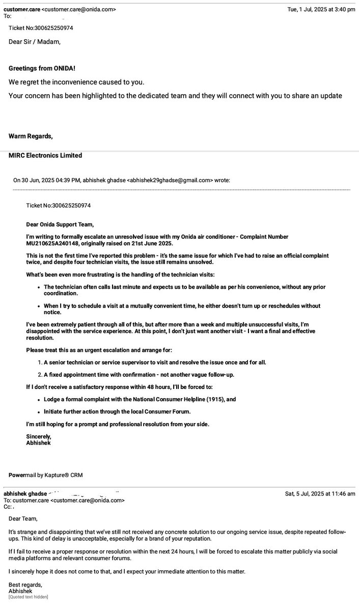 AbhishekGhadse's tweet photo. Official complaint filed for my Onida AC, but no resolution despite multiple follow-ups. Tired of false promises and no action. Shocked by the poor service. @OnidaIndia, please act before this gets worse #CustomerService,
#Onida #CustomerSupport #ACServiceIssue #PoorService https://t.co/iuvT3yZ5GP