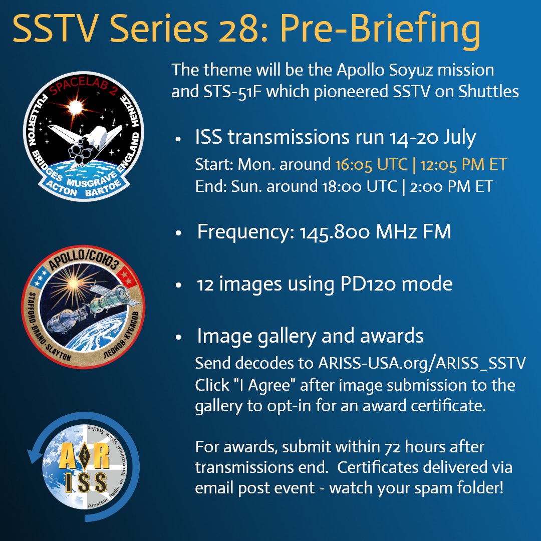 Here's the latest pre-brief for the ARISS SSTV Series 28 ham radio event that begins on Monday.  

Note there was a time change from Monday's post.  Due to other activities on the ISS, start time for transmissions is now around 16:05 UTC | 12:05 PM ET.

(reposted with correct