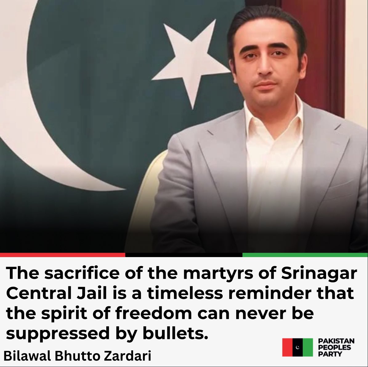 NayarHussainPPP's tweet photo. Chairman Pakistan Peoples Party @BBhuttoZardari pays glowing tribute to the 22 brave Kashmiri martyrs of July 13, 1931, whose blood marked the beginning of a resolute struggle against tyranny and injustice.

Read More: https://t.co/ashihBu0vp https://t.co/4SBEkZt5Hh