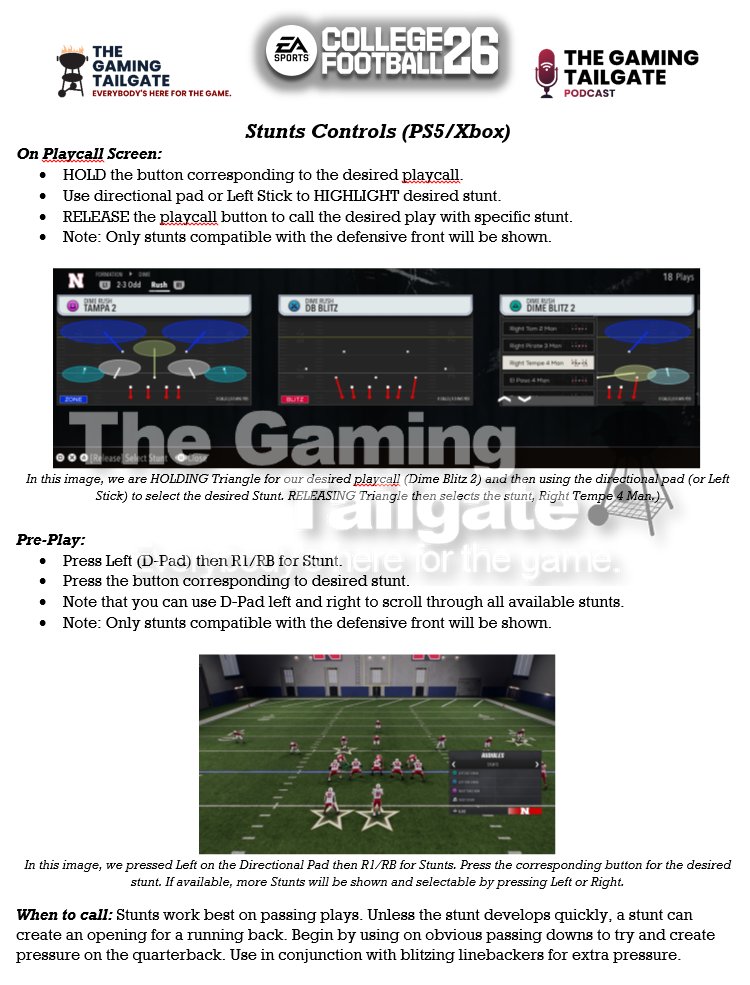 gamingtailgate's tweet image. College Football 26 added a long-standing community request: Stunts. | #CFB26
Learn the controls and basics on how to use this new defensive tool to dial up the pressure on opposing QBs in this guide from The Gaming Tailgate.
Get the guide: tgt.pw/cfb26stunts
