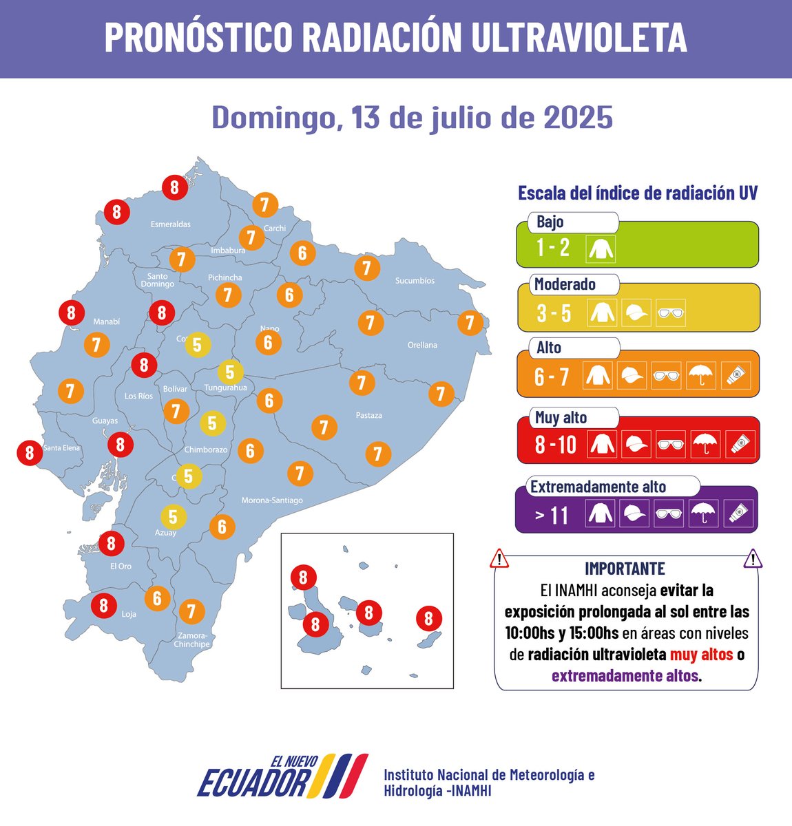 #PronosticoUVEc l Domingo, 13 de julio: Se prevén índices entre moderados y altos en las regiones #Sierra y #Amazonía, mientras que en la región #costa entre altos y muy altos. 
Tome precauciones.