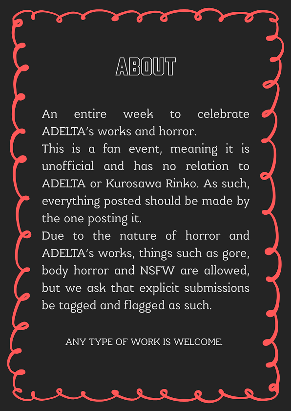 AdeltaDM's tweet photo. Announcing ADELTA: Danse Macabre, an unofficial Adelta Horror Week.

#古書店街の橋姫 
#ウウウルトラc 
#大穢 https://t.co/jXr94EgJ9y