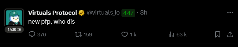 Frédéric M. ⚡️ (@fredericm) on Twitter photo New pfp, new meta? 👀
<a href="/virtuals_io/">Virtuals Protocol</a> just switched to a Pudgy 🐧
No tweet, no hint, just vibes.
But if you know what they’re building — an onchain programmable social layer, agent-native, multiplayer by design — this ain’t random.
Just like $PYTH, FriendTech or Infinex before… New pfp, new meta? 👀
<a href="/virtuals_io/">Virtuals Protocol</a> just switched to a Pudgy 🐧
No tweet, no hint, just vibes.
But if you know what they’re building — an onchain programmable social layer, agent-native, multiplayer by design — this ain’t random.
Just like $PYTH, FriendTech or Infinex before…