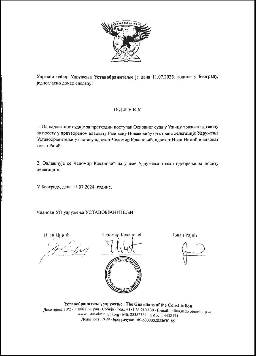 Čeda Kokanović (@ckokanovic) on Twitter photo Udruženje <a href="/USTbranitelji/">Ustavobranitelji</a> je danas podnelo zahtev sudu da odobri posetu pritvorenom kolegi advokatu <a href="/advnovakovic/">Радован Новаковић</a> od strane naše delegacije u sastavu <a href="/CKokanovic/">Čeda Kokanović</a> <a href="/INinic/">Ivan Ninić</a> <a href="/Solly_Attwell/">Jovan Rajic</a>
Ne očekujemo brz odgovor, ali se nadamo brzom puštanju hrabrog kolege! Udruženje <a href="/USTbranitelji/">Ustavobranitelji</a> je danas podnelo zahtev sudu da odobri posetu pritvorenom kolegi advokatu <a href="/advnovakovic/">Радован Новаковић</a> od strane naše delegacije u sastavu <a href="/CKokanovic/">Čeda Kokanović</a> <a href="/INinic/">Ivan Ninić</a> <a href="/Solly_Attwell/">Jovan Rajic</a>
Ne očekujemo brz odgovor, ali se nadamo brzom puštanju hrabrog kolege!