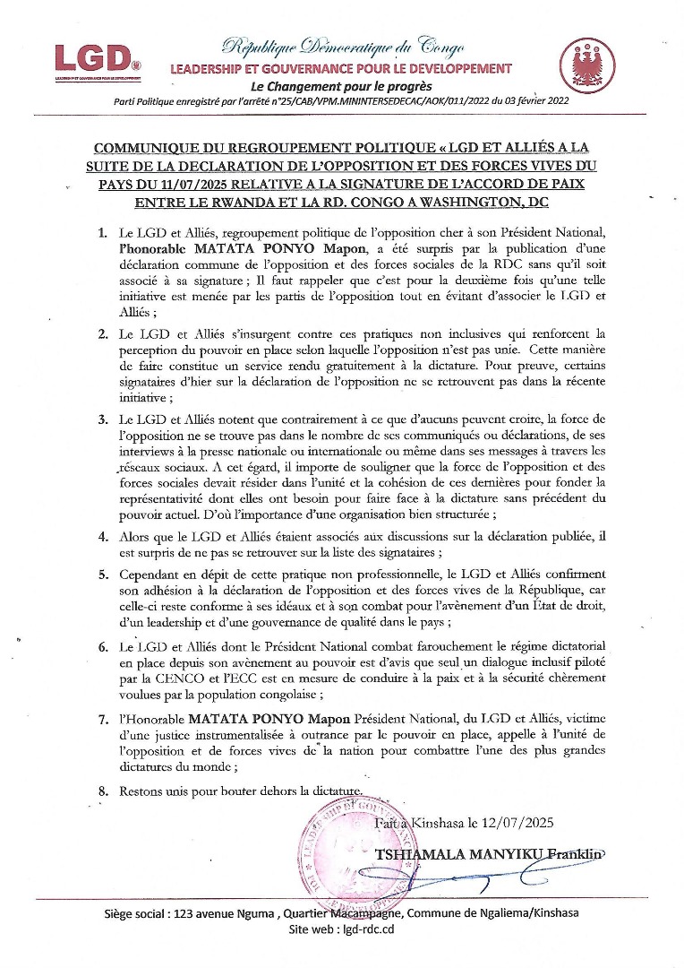 Baelenge Irenge (@baelenge_irenge) on Twitter photo #RDC : Le regroupement politique LGD et Alliés, dirigé par <a href="/Mapon_Matata/">Matata Ponyo Mapon</a> Mapon, s’est dit surpris de ne pas avoir été associé à la déclaration commune de l’opposition du 11 juillet 2025, relative à l’accord de paix entre la RDC et le Rwanda. Il dénonce une démarche non inclusive, #RDC : Le regroupement politique LGD et Alliés, dirigé par <a href="/Mapon_Matata/">Matata Ponyo Mapon</a> Mapon, s’est dit surpris de ne pas avoir été associé à la déclaration commune de l’opposition du 11 juillet 2025, relative à l’accord de paix entre la RDC et le Rwanda. Il dénonce une démarche non inclusive,