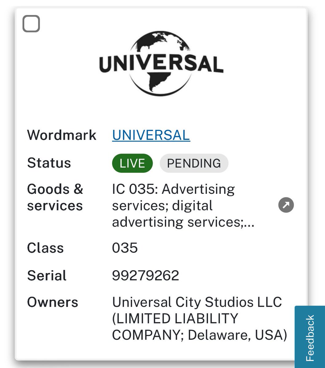 Aahs_n_Oohs's tweet image. Universal City Studios Files Trademark for…”Universal” on 2025-07-11
• Advertising Services