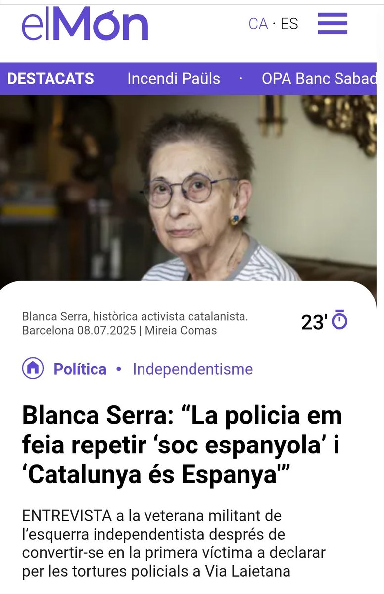1) 👮‍♂️ A la meva amiga Blanca Serra la van torturar diversos dies a les dependències policials de Via Laietana, i li van fer repetir múltiples vegades "Soc espanyola" i "Catalunya és Espanya" amb l'amenaça de torturar-la més i més greument.