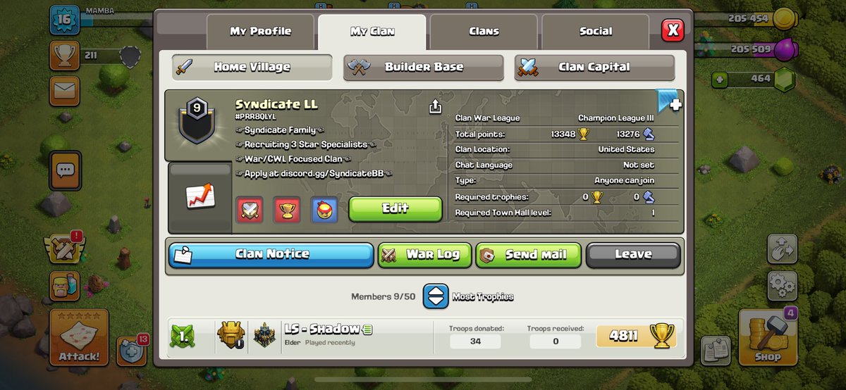 The Syndicate Family has opened its’ 3rd clan!

Have a TH14+ account you want to do wars with? Here’s your perfect opportunity!🔥

Perks:
⚔️Free Pro Bases 
🍽️Competitive War Clan
🪩Great Environment
🎖️2 top 50 US Sister Clans

Taking applicants at discord.gg/SyndicateBB