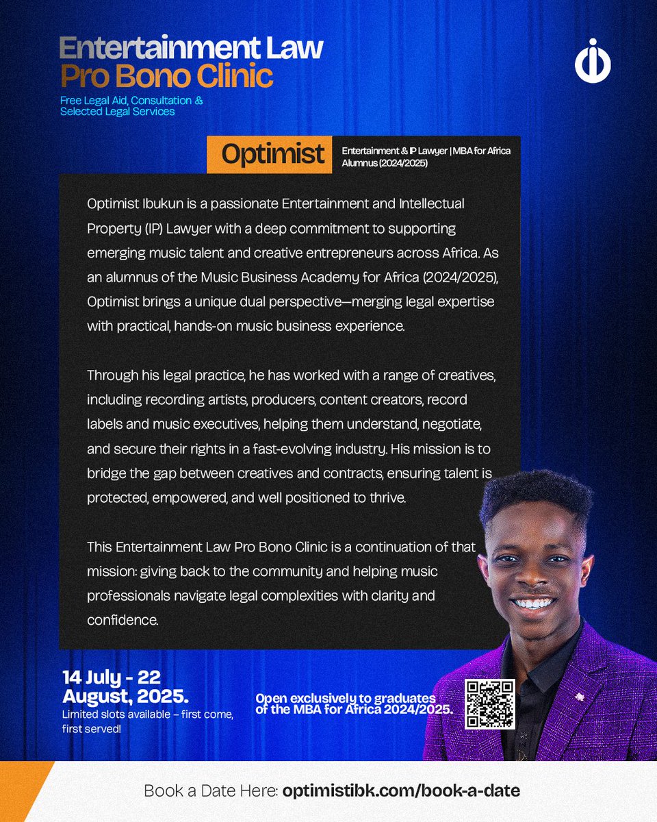 The Optimist I Know (@optimistibk) on Twitter photo Pro Bono Legal Clinic for <a href="/mbaforafrica/">Music Business Academy For Africa.</a>
This is exclusively for 2024/2025 cohort. As someone who has represented brilliant colleagues, and worked on deals involving superstars, this is my way of giving back to the community that shaped me
Book a date here optimistibk.com/book-a-date Pro Bono Legal Clinic for <a href="/mbaforafrica/">Music Business Academy For Africa.</a>
This is exclusively for 2024/2025 cohort. As someone who has represented brilliant colleagues, and worked on deals involving superstars, this is my way of giving back to the community that shaped me
Book a date here optimistibk.com/book-a-date