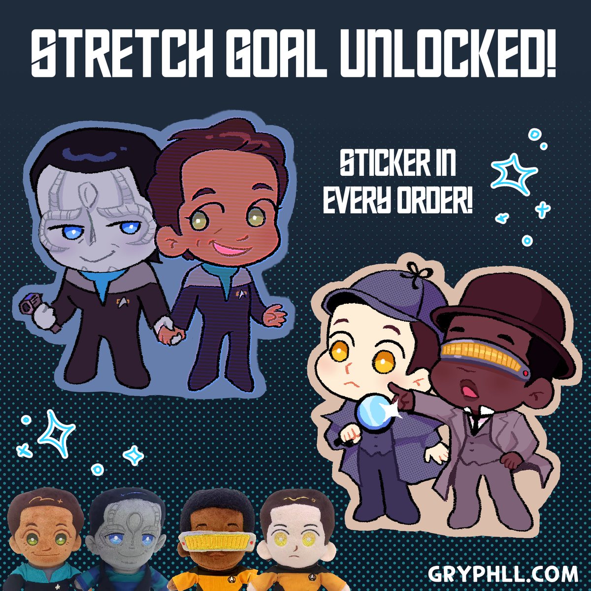 gryphll's tweet image. Thank you for 100 orders!! Every order will now come with a sticker depending on who you ordered!
Pr3orders for Garashir + Daforge plush are still open until July 27, please help us unlock the next stretch goal for more bonus goodies!
#startrek #garashir #daforge