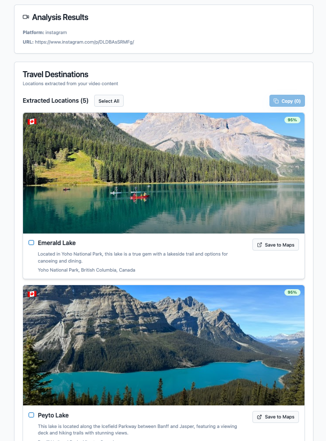 tewolfe2's tweet photo. Day 7/30 #VibeCoding challenge: the Instagram Travel Bucket List app now analyzes and extracts destinations from IG Reels and posts using 04-mini. Locations can now also be saved to Google Maps. try it out here: https://t.co/ORNvH1dmPu https://t.co/8IQ91tqDqw