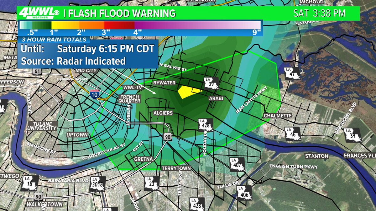 wwltvweather's tweet image. A Flash Flood Warning has been issued for parts of the New Orleans Metro until 7/12 6:15PM. Street flooding is happening or about to happen. Don't drive through flooded roads. #BeOn4