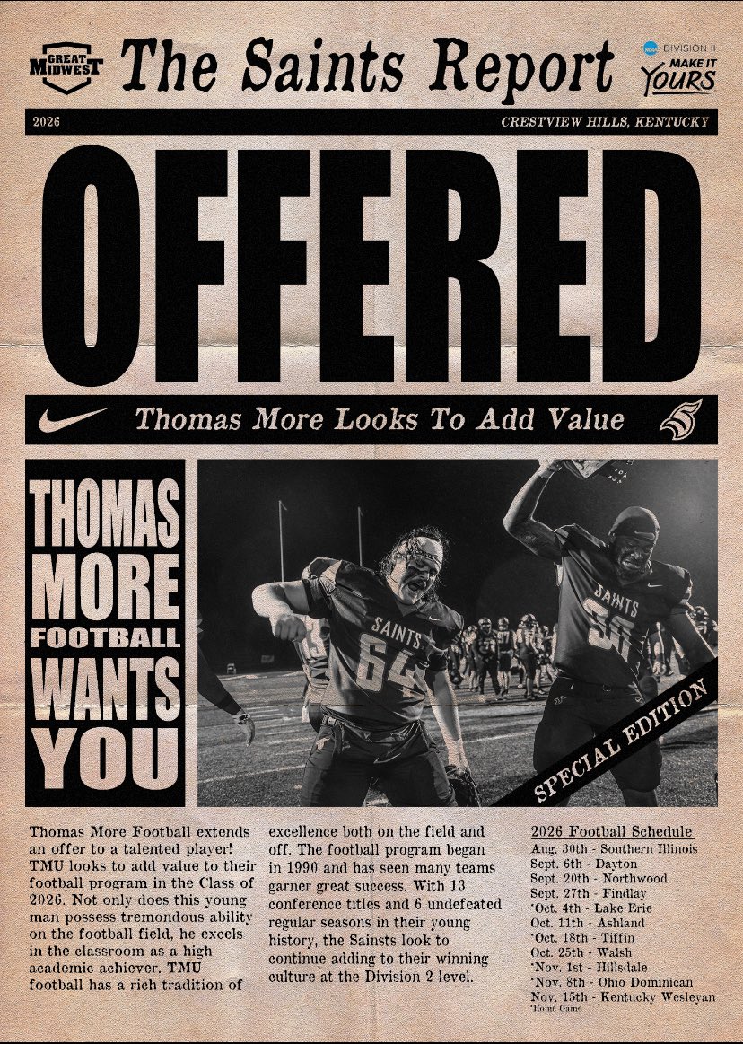 Jeremy Bader (@jeremybader_75) on Twitter photo After a great camp and conversation with <a href="/CoachNorwell/">Chris Norwell</a>, I’m blessed to say I have received an offer to play for <a href="/TMU_Football/">Thomas More Football</a>‼️I can’t wait to come back for a gameday visit!
<a href="/CoachElfers/">Josh Elfers</a>
<a href="/CoachDanScholz/">Dan Scholz</a>
<a href="/CoachRio5x/">DeMario Pleasant</a>
<a href="/OakHillsFB/">Oak Hills Football</a> After a great camp and conversation with <a href="/CoachNorwell/">Chris Norwell</a>, I’m blessed to say I have received an offer to play for <a href="/TMU_Football/">Thomas More Football</a>‼️I can’t wait to come back for a gameday visit!
<a href="/CoachElfers/">Josh Elfers</a>
<a href="/CoachDanScholz/">Dan Scholz</a>
<a href="/CoachRio5x/">DeMario Pleasant</a>
<a href="/OakHillsFB/">Oak Hills Football</a>
