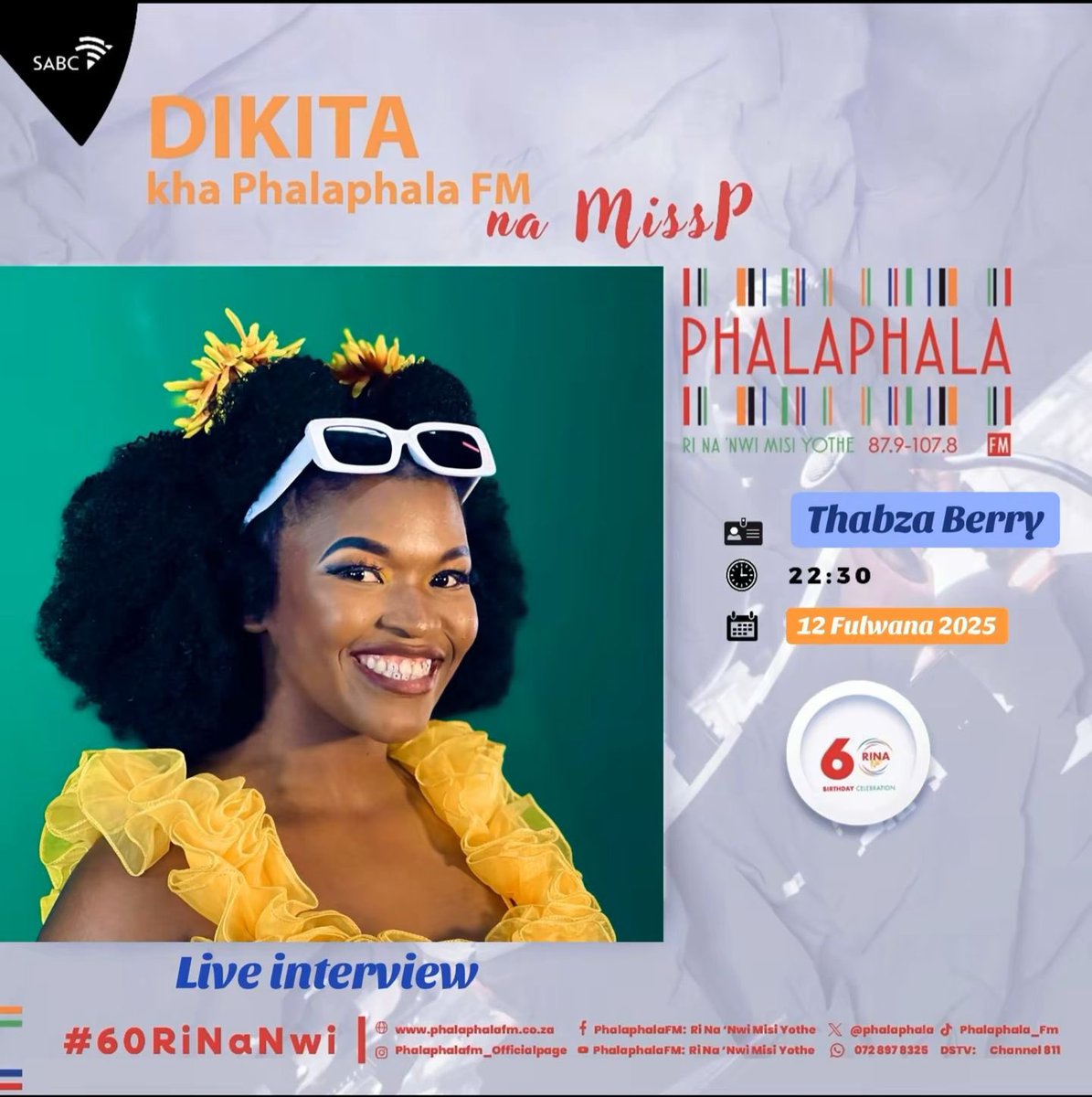 Phalaphala's tweet image. ONAIR| Dikita 21:00 - 00:00
Vha khou Ramba nnyi ? @ThabzaBerry
🌐 phalaphalafm.co.za
📲 063 227 2745 WhatsApp
☎️086 00 253
📻 87.9 - 107.8 MHz