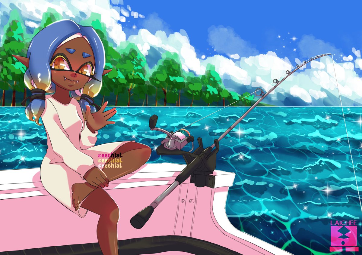 eechiaL's tweet image. Frye on a fishing trip. Enjoy!

#Splatoon #SummerNights