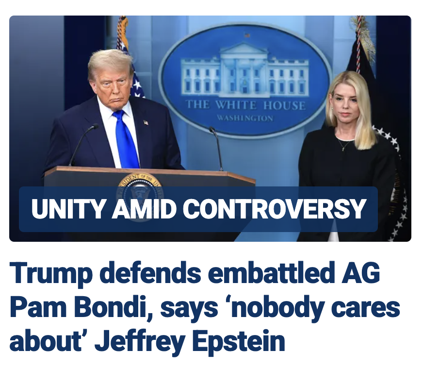 MAC_Arms's tweet photo. I can't believe Trump is going to burn everything down over Bondi. I told you she was bad news when he nominated her. Why is he burning MAGA down over her? Does she have dirt? Finally, sir, people absolutely care about Epstein and you know it. https://t.co/wHt57EaBIT