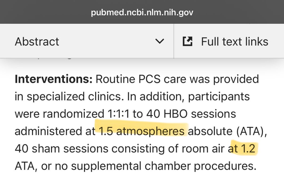 mrzphd's tweet image. 5/ Early studies with sham (lower, but still pressure) that concluded no benefit to HBOT because there was no significant difference between both conditions, both improved. I’ve always wondered if the study failed to ask at what pressure is benefit noted? <a style="text-decoration: none;" rel="nofollow" target="_blank" href="https://pubmed.ncbi.nlm.nih.gov/25401463/">pubmed.ncbi.nlm.nih.gov/25401463/</a>