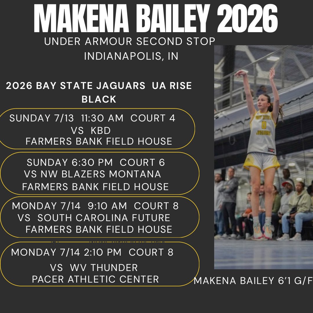 My schedule for the Under Armour Second Stop in Indiana! Excited to continue competing with my team after a great Run 4 Roses in Louisville!  <a href="/BayStateJags/">Bay State Jaguars</a> <a href="/LaurieBollin/">LAURIE BOLLIN</a> <a href="/mrodrigues423/">Matt Rodrigues</a> <a href="/CoachTyMosley/">Coach Tyreik Mosley</a> <a href="/WorcesterGBB/">Worcester Academy Girls Basketball</a> <a href="/nehoopjournal/">New England Basketball Journal</a> <a href="/PGHNewEngland/">Prep Girls Hoops New England</a> <a href="/NEPSGBCA/">NEPSGBCA</a>