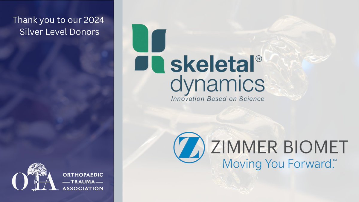 otatrauma's tweet image. Thank you to our 2024 Silver Level Industry Partners for supporting orthopaedic trauma education, research, and OTA’s mission. Together, we elevate the future of fracture care. #OTA #OrthoTrauma @SkeletalTweets @zimmerbiomet