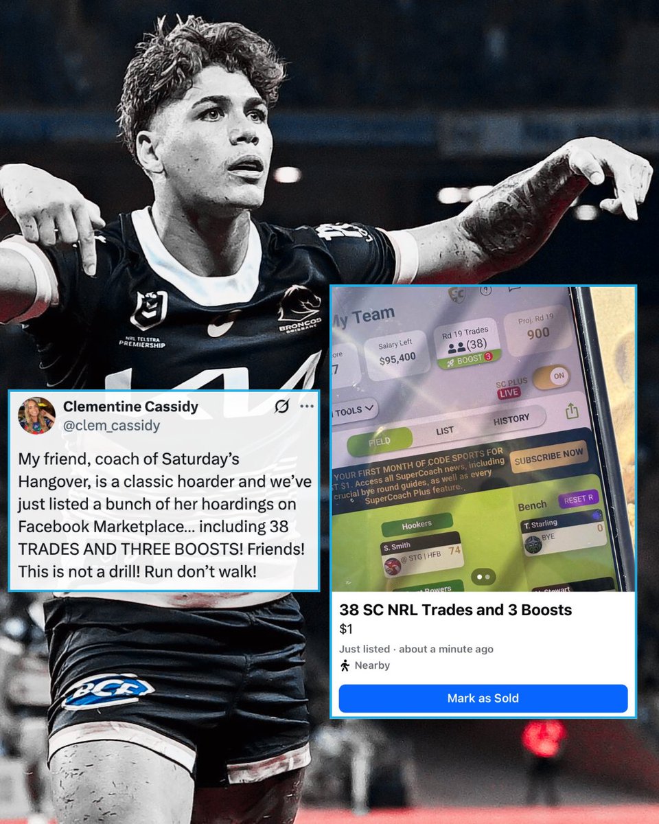 SC Playbook - NRL (@scplaybook1) on Twitter photo Anyone needing extra #NRLSupercoach trades?
<a href="/clem_cassidy/">Clementine Cassidy</a>'s mate has just listed a heap on Marketplace for anyone interested in joining the auction... 😂 Anyone needing extra #NRLSupercoach trades?
<a href="/clem_cassidy/">Clementine Cassidy</a>'s mate has just listed a heap on Marketplace for anyone interested in joining the auction... 😂