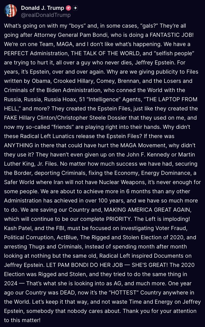 GWKruse's tweet image. Come on man. Youโre @POTUS. The leader of the most powerful country in the world. You canโt be this unhinged this often.
Tomorrow @realDonaldTrump will announce a 50% tariff on anyone asking about the Epstein file.