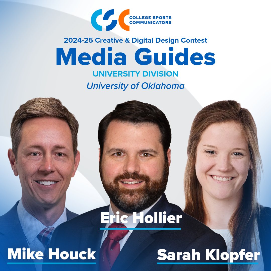 CollSportsComm's tweet photo. It's #MediaGuideMonday! Taking first in the University Division for their @OU_Football media guide is @OU_Athletics' Mike Houck (@mhouckOU), Eric Hollier (@ehollier), and Sarah Klopfer (@SarahKlopfer13) 🏆
DYK? The trio placed 2nd in last year's contest with their football media guide.
@SEC @NCAA @UofOklahoma
Take a look at some of their award winning work ⤵️