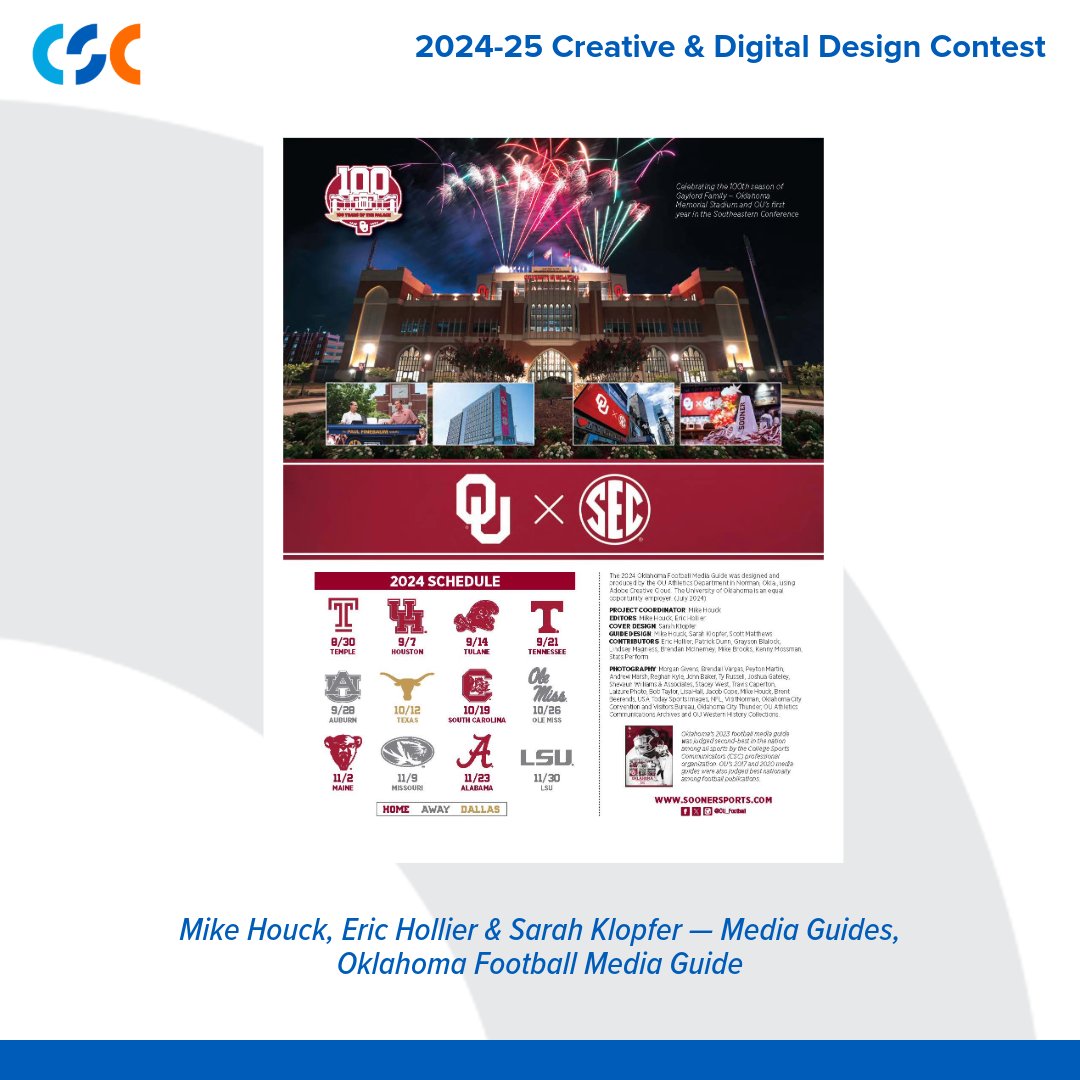 CollSportsComm's tweet photo. It's #MediaGuideMonday! Taking first in the University Division for their @OU_Football media guide is @OU_Athletics' Mike Houck (@mhouckOU), Eric Hollier (@ehollier), and Sarah Klopfer (@SarahKlopfer13) 🏆
DYK? The trio placed 2nd in last year's contest with their football media guide.
@SEC @NCAA @UofOklahoma
Take a look at some of their award winning work ⤵️