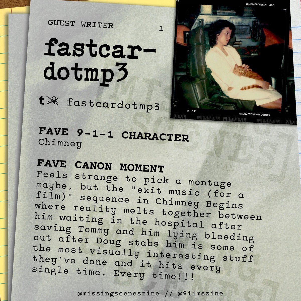 911MSZine's tweet image. The next member on our roll call is @/fastcardotmp3 as a writer! They can be found on Tumblr and AO3 with the same handle.
Apps close July 23rd. Only 10 days left to submit!
🔥 ARTIST: forms.gle/uy2dtcDvMFCBWx…
🔥 WRITER: forms.gle/GesZvq954WGx4Q…
🔥 INFO: missingscenes.carrd.co