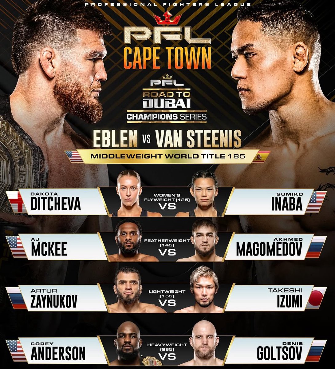 American Top Team (@americantopteam) on Twitter photo 1 week out and the takeover is ON. 🔥
<a href="/JohnnyEblen/">Johnny Eblen</a> puts his Middleweight crown on the line! Undefeated, undisputed, and hunting 🏹 for more.
@DakotaDitcheva brings that unbeaten heat and bad intentions to Cape Town.
Two killers. One team.
🇺🇸 <a href="/AmericanTopTeam/">American Top Team</a>
🇿🇦 PFL 1 week out and the takeover is ON. 🔥
<a href="/JohnnyEblen/">Johnny Eblen</a> puts his Middleweight crown on the line! Undefeated, undisputed, and hunting 🏹 for more.
@DakotaDitcheva brings that unbeaten heat and bad intentions to Cape Town.
Two killers. One team.
🇺🇸 <a href="/AmericanTopTeam/">American Top Team</a>
🇿🇦 PFL
