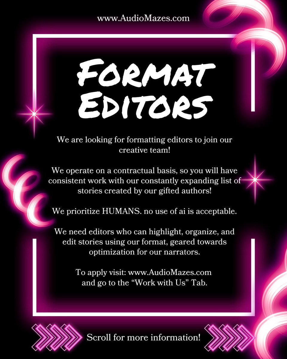 Audiomazes's tweet image. Calling all storytellers, artists, and audio rebels.
We’re expanding our creative universe at AudioMazes™.
🎙Narrators
📝Format Editors
🎨Digital Artists (no AI)

💻Apply: audiomazes.com/contracts
📰Info: wix.to/v4B0Tna
#AudioMazes #Jobs #Audiobooks