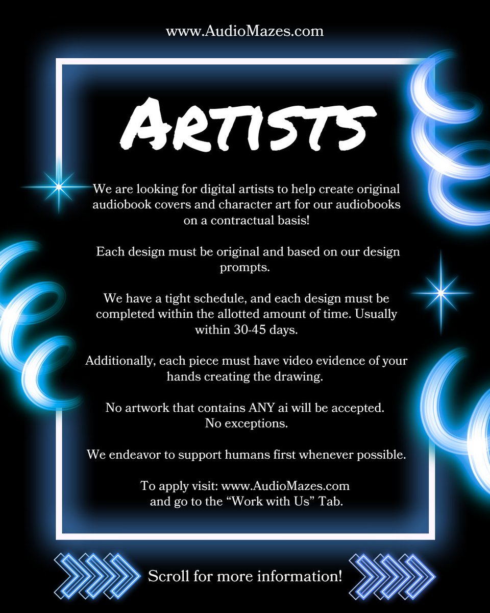 Audiomazes's tweet image. Calling all storytellers, artists, and audio rebels.
We’re expanding our creative universe at AudioMazes™.
🎙Narrators
📝Format Editors
🎨Digital Artists (no AI)

💻Apply: audiomazes.com/contracts
📰Info: wix.to/v4B0Tna
#AudioMazes #Jobs #Audiobooks