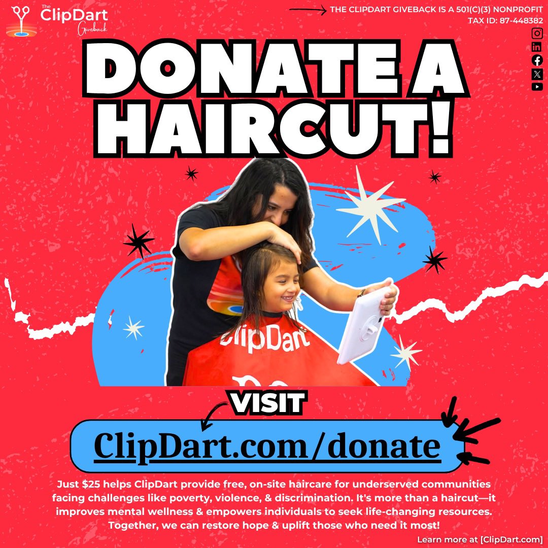 Imagine never having access to a haircut. For many, this is a harsh reality that worsens their mental wellness. But, YOU can change that today‼️😄

With just $25, you can help <a href="/ClipDart/">ClipDart</a> l provide FREE haircuts for underserved communities. Donate now at ClipDart.com/donate ♥️