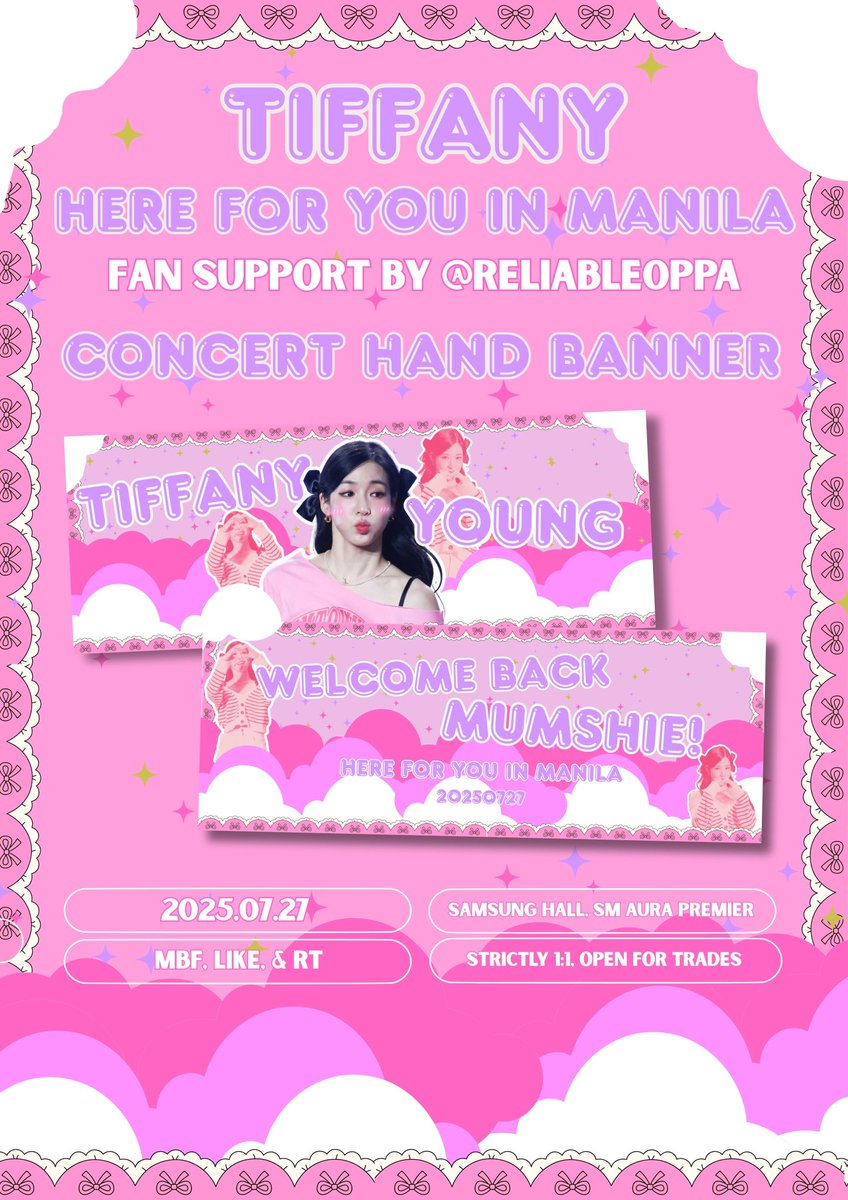 Reliable0ppa's tweet photo. ⋆𐙚 TIFFANY Here for you in Manila ⊹♡
by @Reliable0ppa 

౨ৎ mbf, like, and rt
౨ৎ strictly 1:1 
౨ৎ open for trades 
౨ৎ exact loc, tba (will go priv on d-day)

⋆. 𐙚 See you! ⋆. ˚

#2025HEREFORYOU_IN_MANILA #2025HEREFORYOU_IN_ASIA #TIFFANYYOUNG https://t.co/aBUiAQJKEF