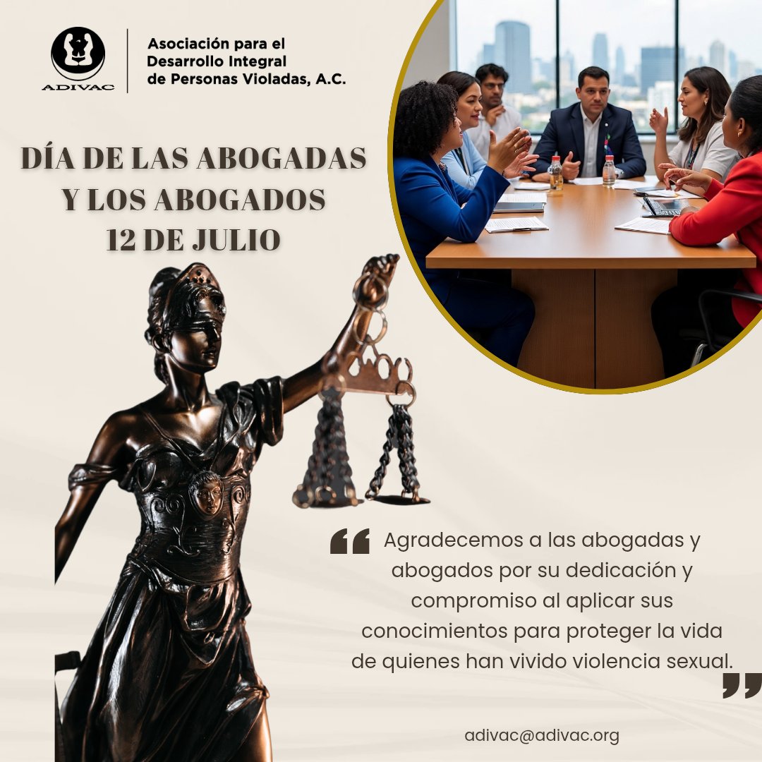 ADIVACMEXICO's tweet image. ⚖️ Hoy celebramos a quienes ejercen el derecho con ética y corazón, reconocemos a las abogadas y abogados que defienden a quienes han vivido violencia sexual y a niñas, niños y adolescentes.
¡Feliz Día del Abogado y la Abogada #DiaDelAbogadoYDeLaAbogada #JusticiaConPerspectiva.