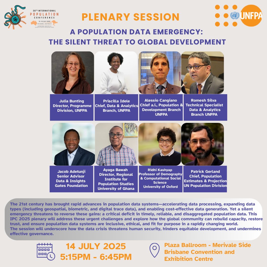 PopDevUNFPA's tweet image. 📢@UNFPA is at the 30th International Population Conference in Brisbane, Australia from 13–18 July!
Attending #IPC2025? Don’t miss our plenary session on A Population Data Emergency (14 July).
Visit the #UNFPA booth for resources, materials & more: ipc2025.iussp.org