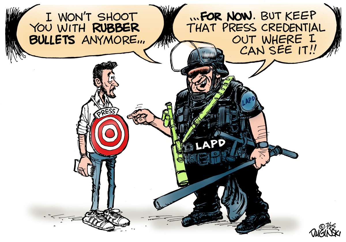 A federal judge ordered the LAPD to stop shooting journalists with rubber bullets, the <a href="/latimes/">Los Angeles Times</a> reports. It's a recurring problem. “The press weren’t accidentally hurt at the immigration protests; they were deliberately hurt,” said attorney Carol Sobel. #LosAngelesProtests