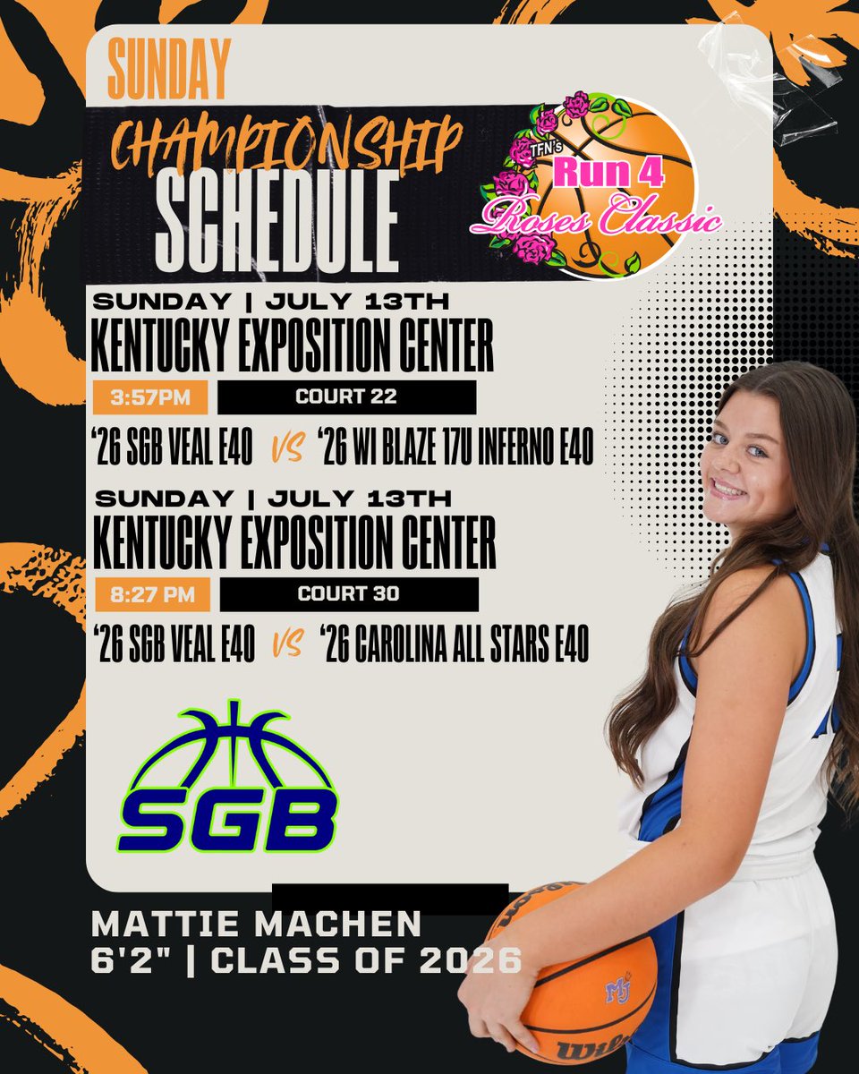 Mattie Machen (@mattiemachen) on Twitter photo <a href="/TFNsRun4Roses/">TFN's Run 4 Roses</a> Championship Schedule. Can’t wait <a href="/SGB_Veal/">Southeastern Girls Basketball Veal</a> <a href="/sgb_club/">Southeastern Girls Basketball</a> <a href="/mojogirlshoops/">Mortimer Jordan Girls Basketball</a> <a href="/talkinghoops23/">TALKING HOOPS</a> <a href="/pghalabama/">Prep Girls Hoops Alabama</a> <a href="/MMBR_CoachGBell/">Major Movez Basketball Review #MMBR</a> <a href="/Ohio_Basketball/">OhioBasketball.com</a>
Sun, July 13
🏀 3:57 CRT 22
🏀 8:27 PM CRT 30
Mon, July 14
🏀 10:29 AM - CRT 49
🏀 5:05 PM - CRT 24 <a href="/TFNsRun4Roses/">TFN's Run 4 Roses</a> Championship Schedule. Can’t wait <a href="/SGB_Veal/">Southeastern Girls Basketball Veal</a> <a href="/sgb_club/">Southeastern Girls Basketball</a> <a href="/mojogirlshoops/">Mortimer Jordan Girls Basketball</a> <a href="/talkinghoops23/">TALKING HOOPS</a> <a href="/pghalabama/">Prep Girls Hoops Alabama</a> <a href="/MMBR_CoachGBell/">Major Movez Basketball Review #MMBR</a> <a href="/Ohio_Basketball/">OhioBasketball.com</a>
Sun, July 13
🏀 3:57 CRT 22
🏀 8:27 PM CRT 30
Mon, July 14
🏀 10:29 AM - CRT 49
🏀 5:05 PM - CRT 24